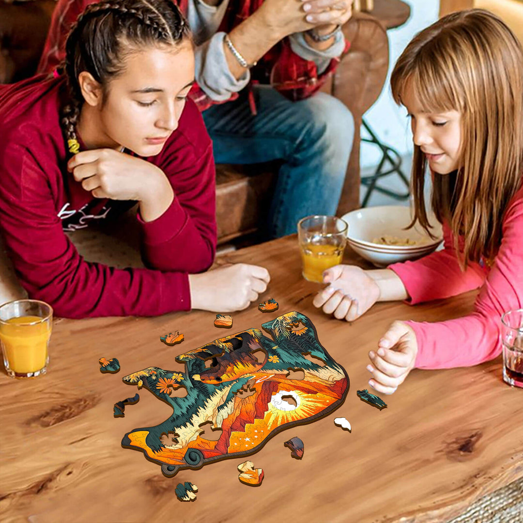 Two children enjoying the Bears in the Forest wooden jigsaw puzzle on a table with drinks, enhancing focus and creativity.