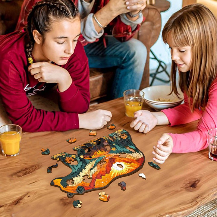 Two children enjoying the Bears in the Forest wooden jigsaw puzzle on a table with drinks, enhancing focus and creativity.