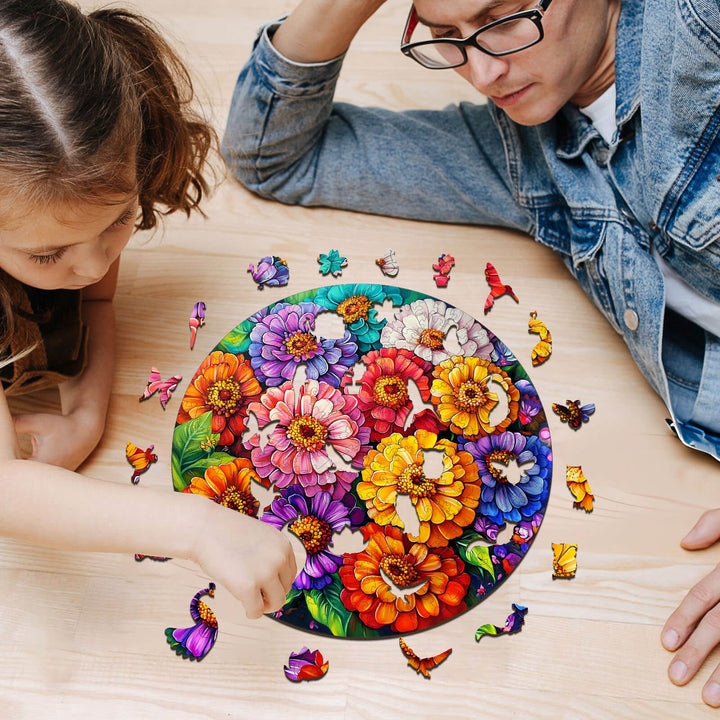 Child and adult solving a Beautiful Flowers wooden jigsaw puzzle together, enhancing focus and cognitive skills.