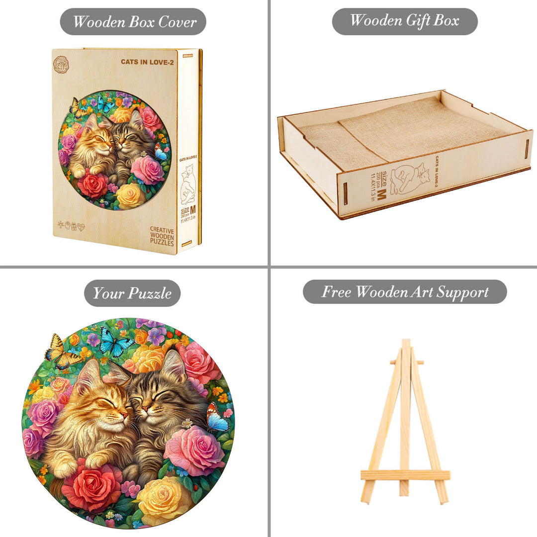 Cats in Love-2 wooden jigsaw puzzle box cover, gift box, completed puzzle, and wooden art support displayed.