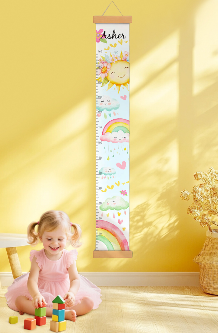 Règle de hauteur personnalisée en toile suspendue avec soleil et arc-en-ciel