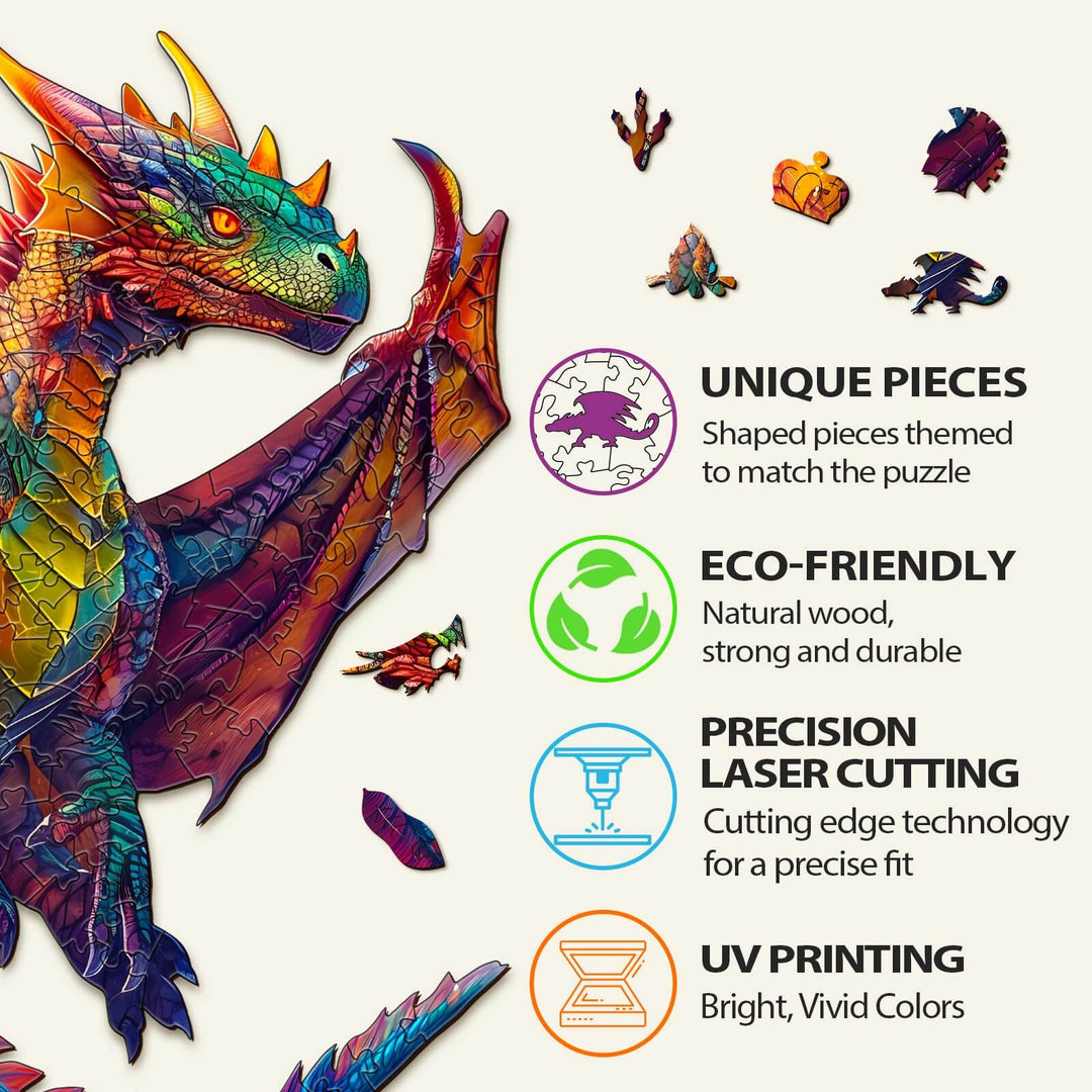 Colorful Dragon Wooden Jigsaw Puzzle with unique eco-friendly pieces, precision laser cutting, and UV printing for vivid colors.