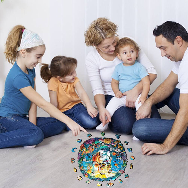 Family enjoying a fun jigsaw puzzle session with the Diving Corgi Wooden Jigsaw Puzzle on the floor.