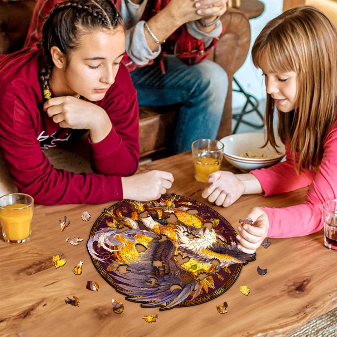 Two girls concentrating on completing a Griffin wooden jigsaw puzzle at a table with drinks.