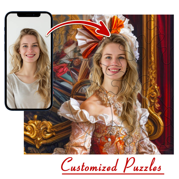 Custom photo puzzle featuring stylish character portrait with woman smiling, showcasing unique design and personalized charm.