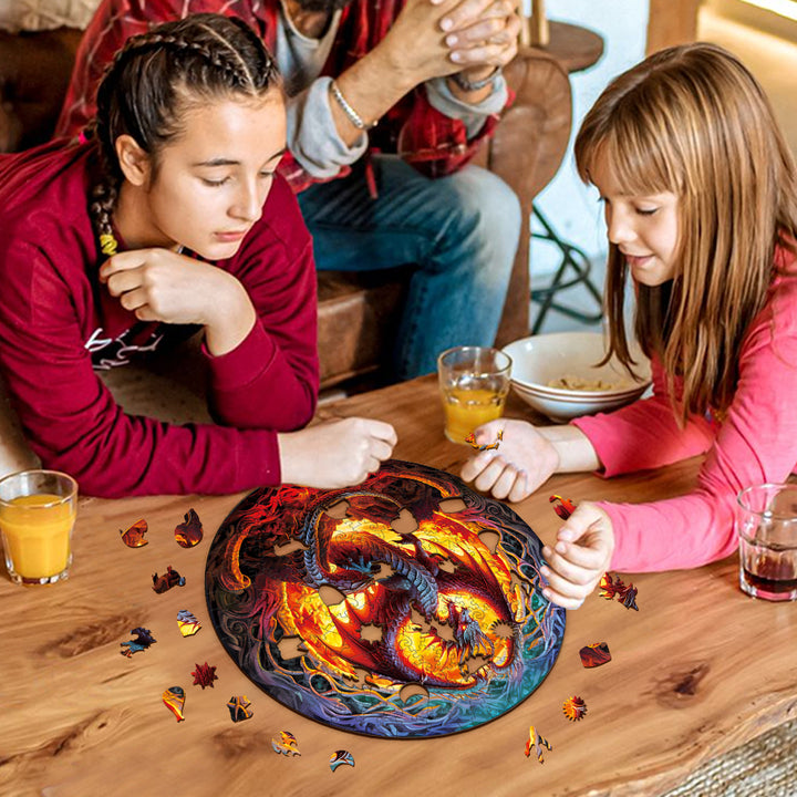 Two girls enjoying the Fiery Dragon-2 wooden jigsaw puzzle together, enhancing focus and problem-solving skills.