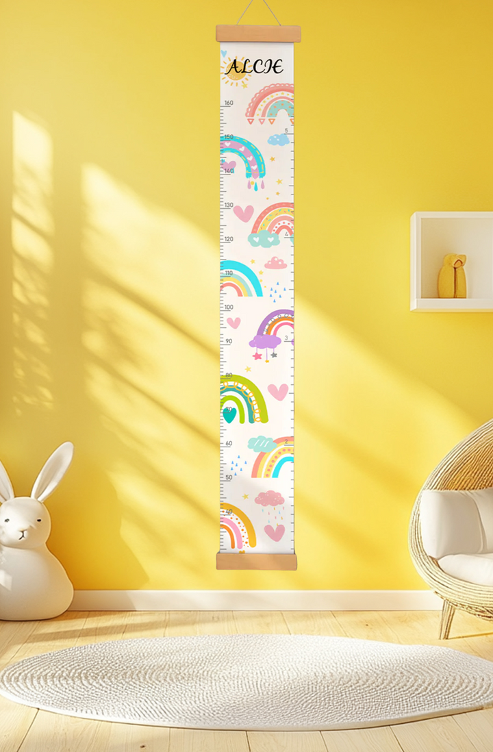 Règle de hauteur personnalisée en toile suspendue avec soleil et arc-en-ciel