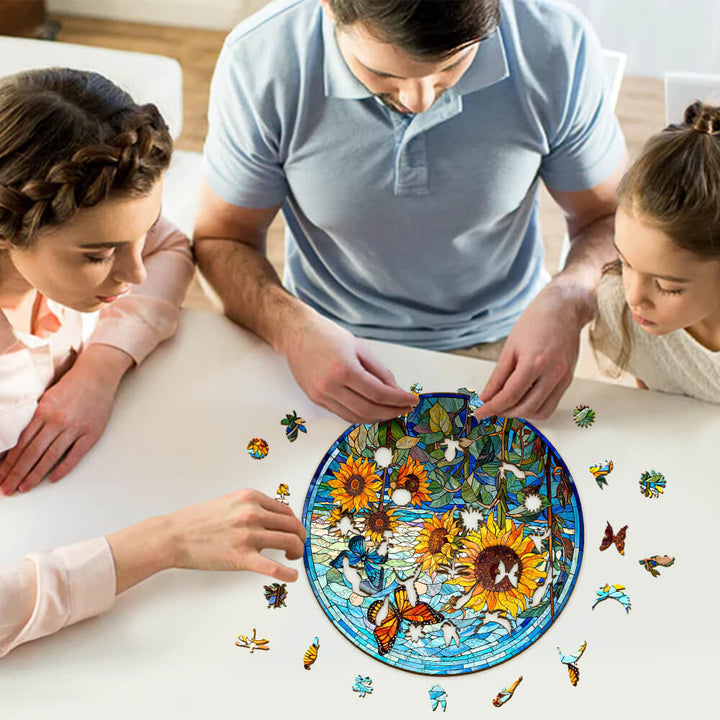 Family enjoying a Stained Glass Sunflower Wooden Jigsaw Puzzle, enhancing focus and cognitive skills together.