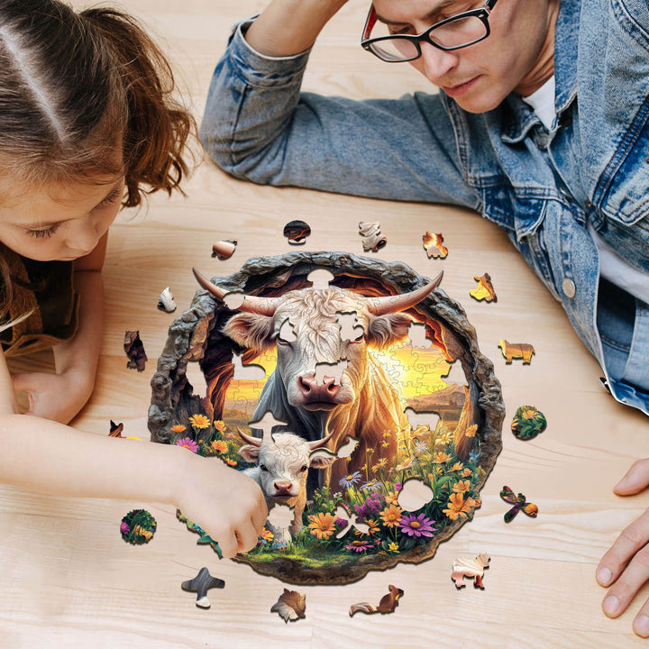 Father and daughter assembling a Cattle Family wooden jigsaw puzzle, enhancing focus and cognitive skills.