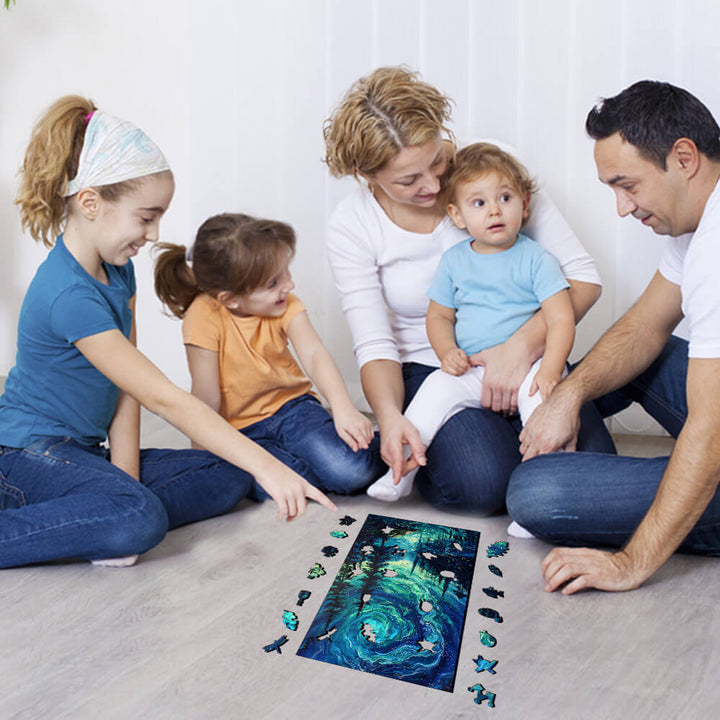Family enjoying the Night Aurora-2 wooden jigsaw puzzle together, promoting focus and creativity in a fun atmosphere.