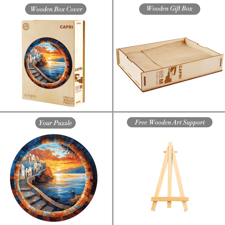 Capri wooden jigsaw puzzle with a gift box, wooden support, and colorful puzzle design showcasing a scenic coastal view.