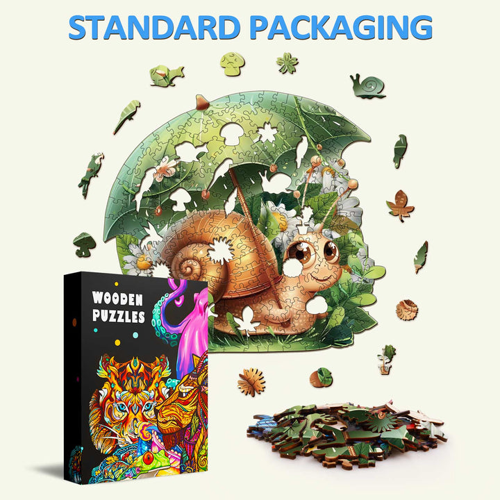 Leisurely Snail Wooden Jigsaw Puzzle with colorful pieces and box packaging, perfect for focused mind games and puzzle enthusiasts.