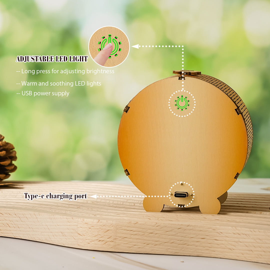 Adjustable LED light feature on Mystical Cat Kit 3D wooden puzzle night light showing USB power and Type-C charging port.