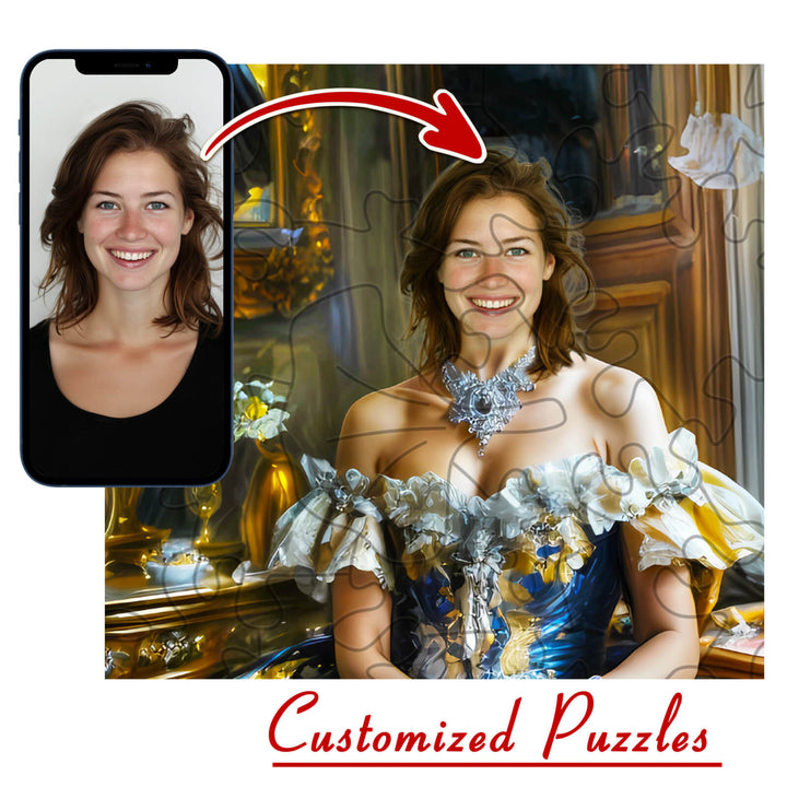 Custom photo puzzle featuring a woman's face transformed into a fashion piece, showcasing unique design and quality craftsmanship.