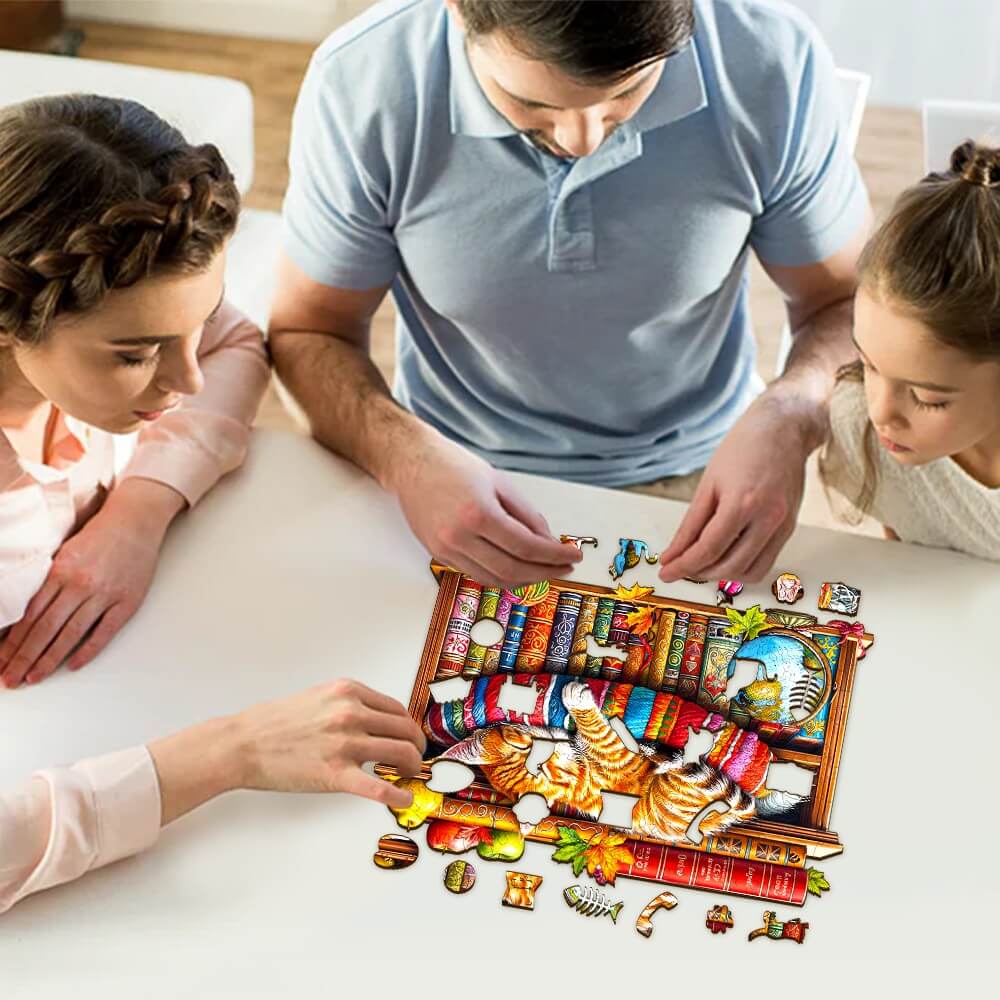 Family enjoying the Dreamy Tabby Cat-2 wooden jigsaw puzzle together. Engaging in fun mind games and boosting focus.