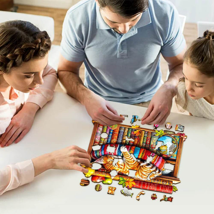 Family enjoying the Dreamy Tabby Cat-2 wooden jigsaw puzzle together. Engaging in fun mind games and boosting focus.