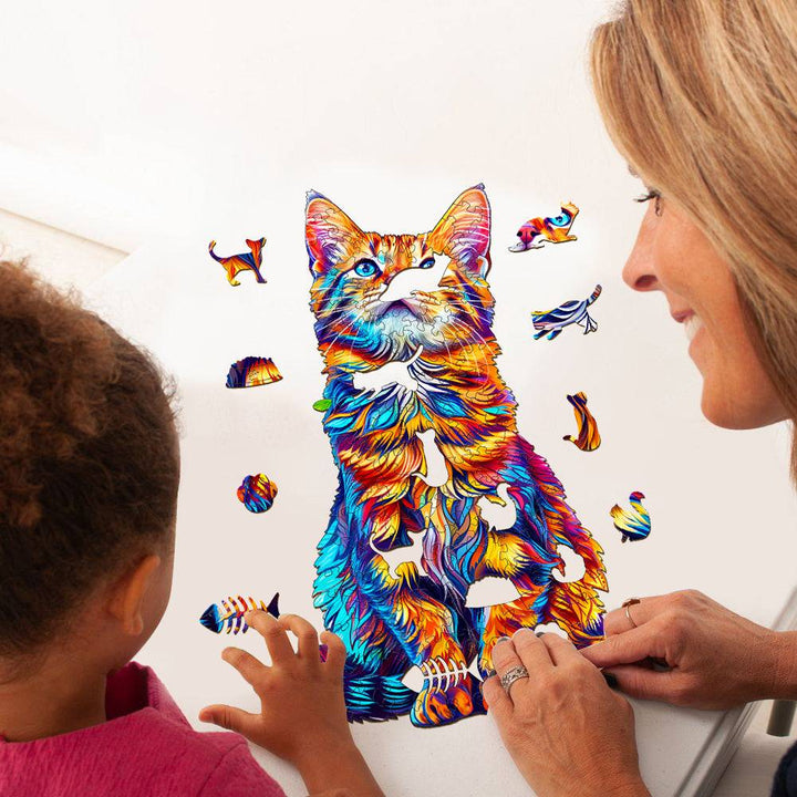 Colorful Bengal Cat-2 wooden jigsaw puzzle being solved by a child and adult, enhancing focus and creativity.