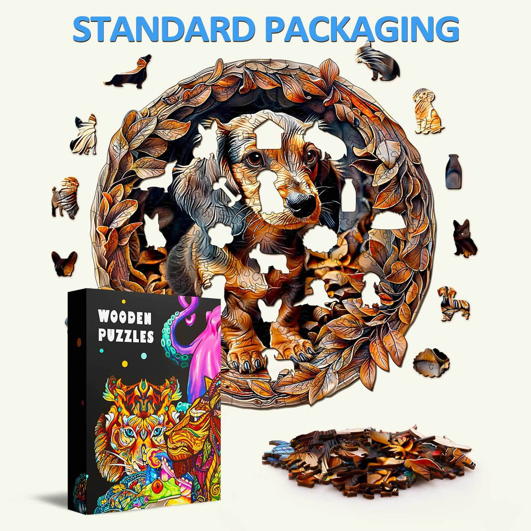 3D Dachshund-2 wooden jigsaw puzzle pieces scattered around packaging, showcasing a delightful dog design.