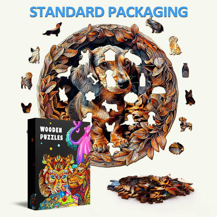 3D Dachshund-2 wooden jigsaw puzzle pieces scattered around packaging, showcasing a delightful dog design.