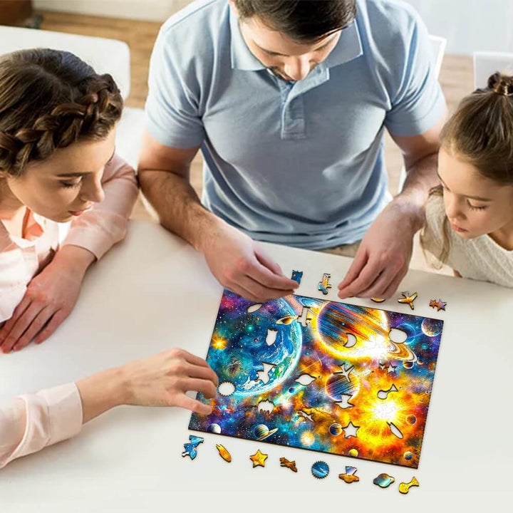 Family enjoying Cosmic Reverie-1 wooden jigsaw puzzle, a vibrant mind game for focus and intelligence.