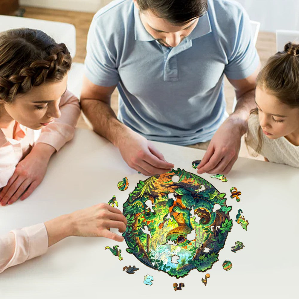 Family enjoying the Rock Dinosaur-1 wooden jigsaw puzzle, featuring vibrant colors and unique shapes.
