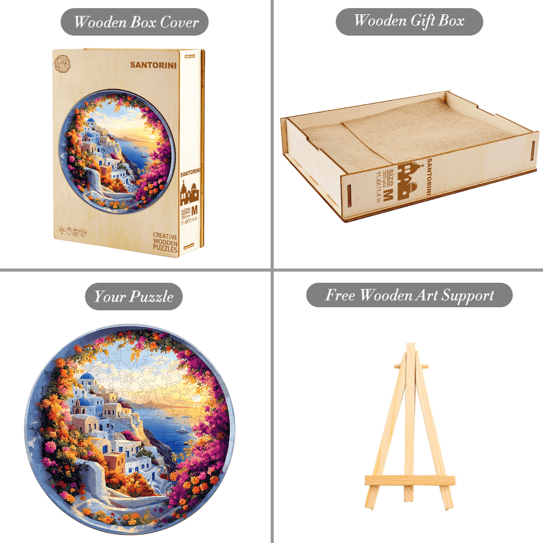 Santorini wooden jigsaw puzzle, gift box, art support, and cover displayed in an engaging layout.