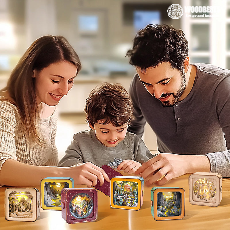 Family enjoying the Snow Mountain Hut Kit 3D wooden puzzle night light together at home.