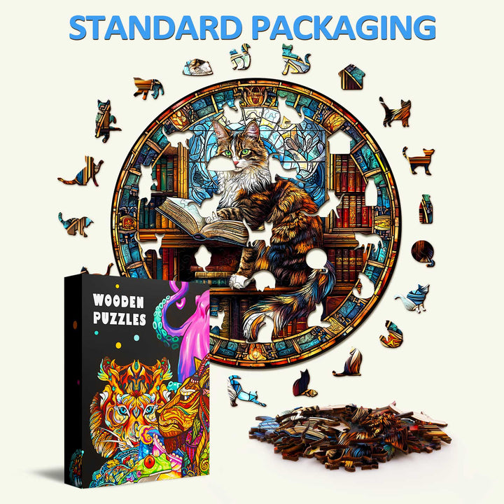 The Maine Cat Library wooden jigsaw puzzle featuring a colorful cat surrounded by books and puzzle pieces, ideal for brain teasers.