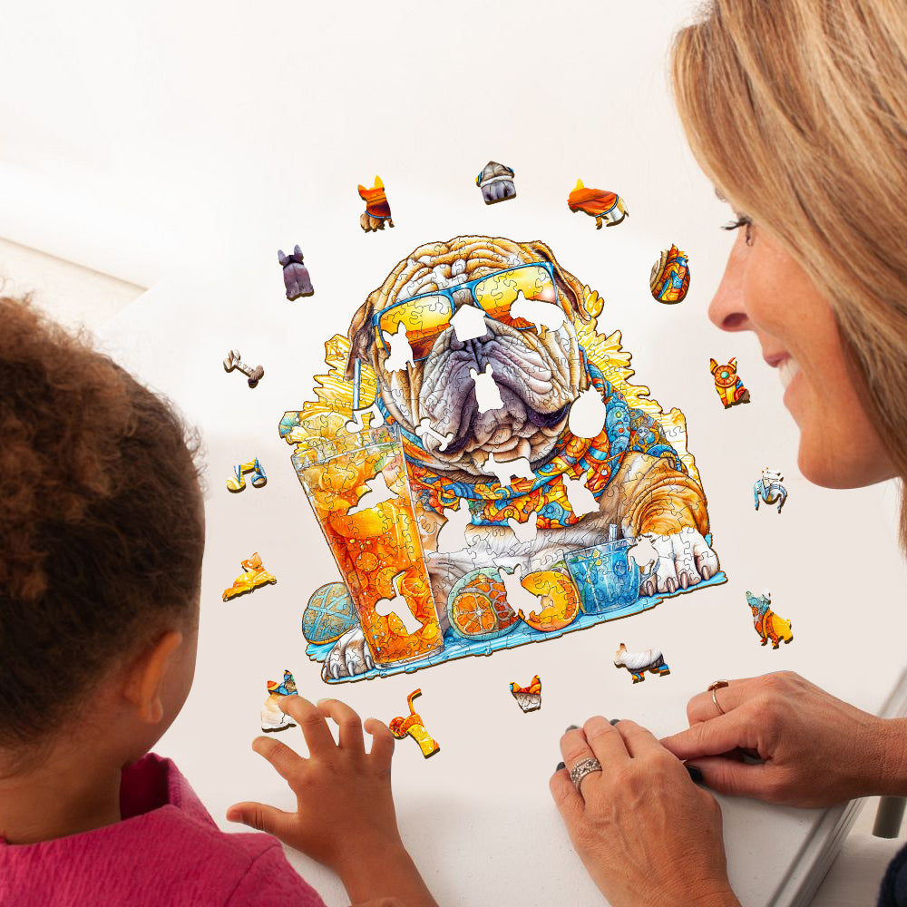 A mother and daughter enjoying the Summer Bulldog-1 wooden jigsaw puzzle together, enhancing focus and problem-solving skills.