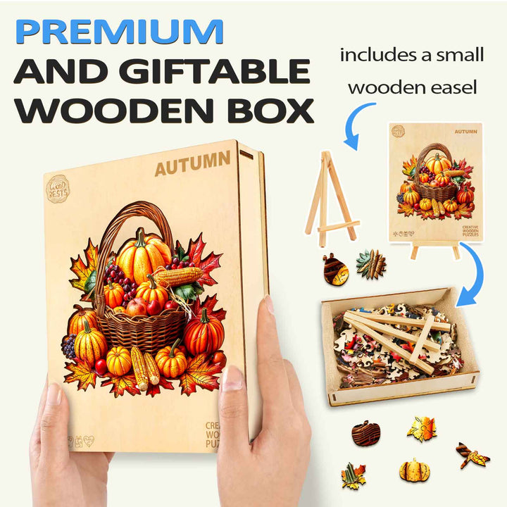Autumn wooden jigsaw puzzle in a premium box, featuring a small easel and colorful fall-themed pieces.