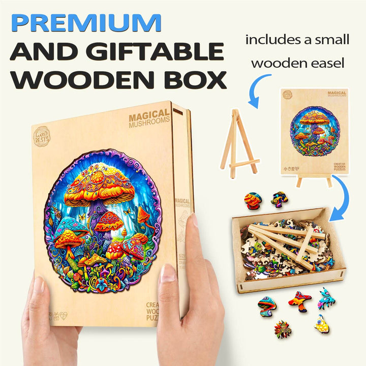 Magical mushrooms wooden jigsaw puzzle in premium gift box with easel and colorful pieces for brain-teasing fun.