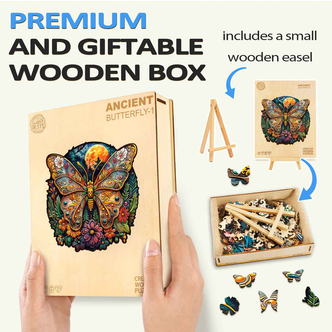 Ancient Butterfly-1 wooden jigsaw puzzle in a giftable box with a small easel, promoting focus and smart play.