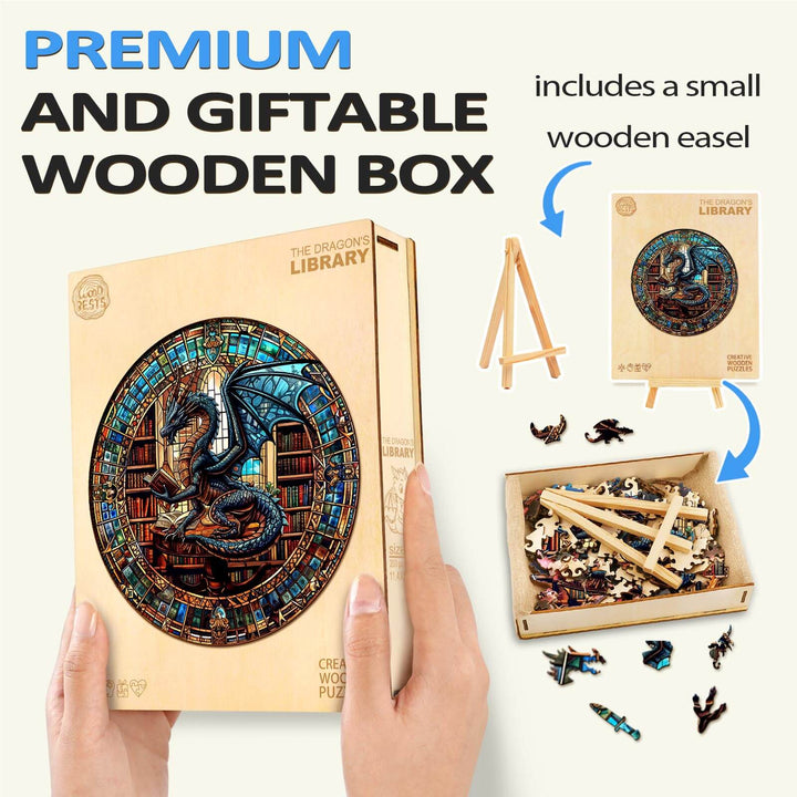 The Dragon's Library wooden puzzle in a premium box with easel, perfect for gifting and enhancing focus.