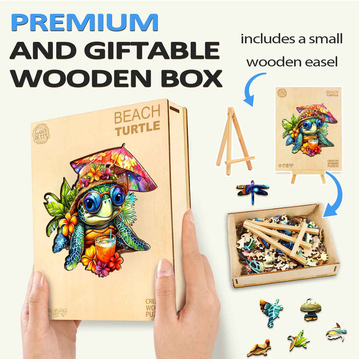 Beach Turtle wooden jigsaw puzzle in a premium box with small easel, perfect for mindful exploration and gifting.