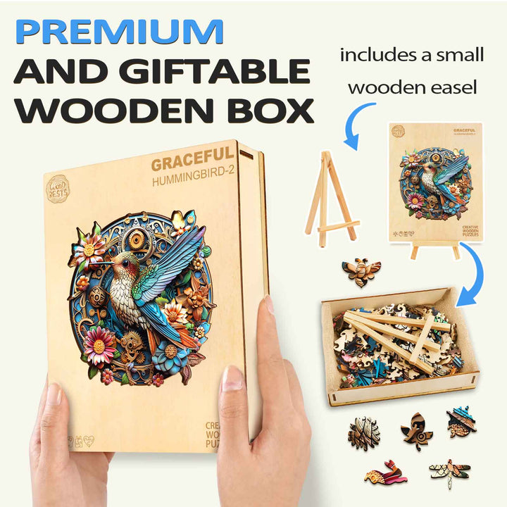 Graceful Hummingbird-2 wooden jigsaw puzzle in gift box with small wooden easel for creative fun and focus.