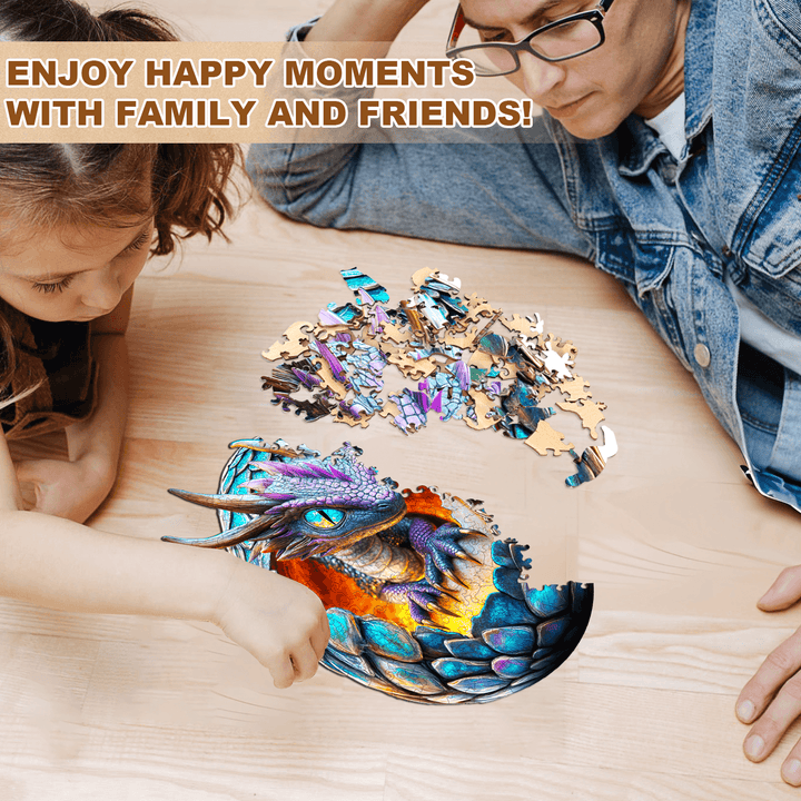Family and child assembling the Draconic Rebirth wooden jigsaw puzzle on a table, enjoying quality time together.