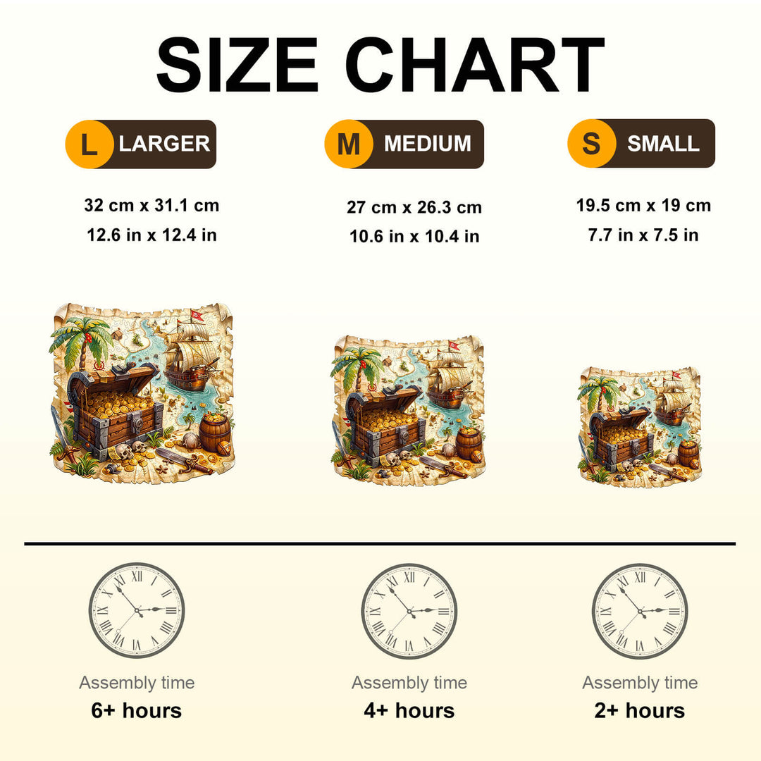 Size chart for Treasure Voyage wooden jigsaw puzzle in large, medium, and small with assembly times.