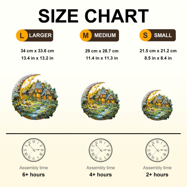 Size chart for Moonlight Garden-2 Wooden Jigsaw Puzzle showing dimensions and assembly times for large, medium, and small sizes.