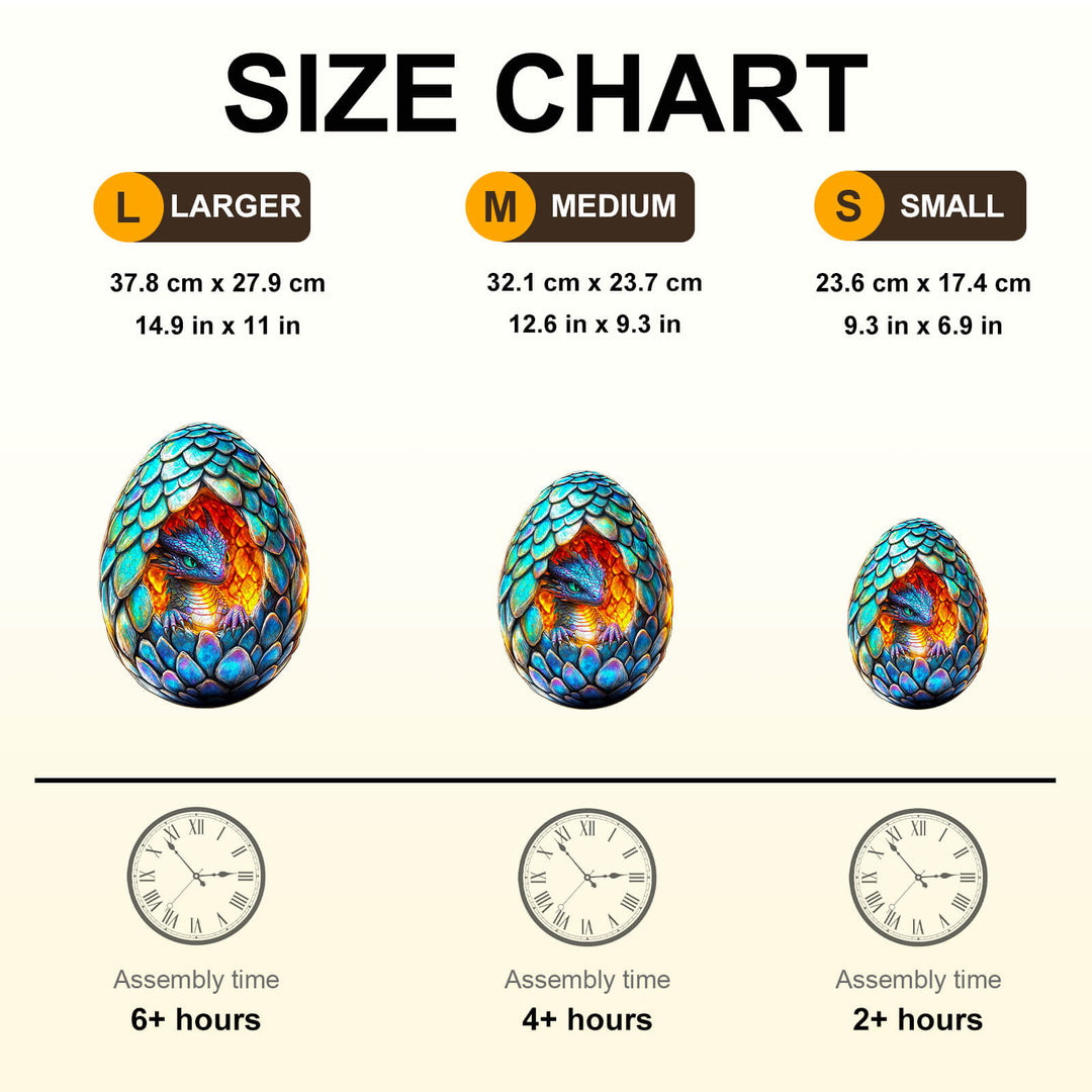 Size chart for Draconic Rebirth-2 wooden jigsaw puzzle showing dimensions and assembly times for large, medium, and small sizes.