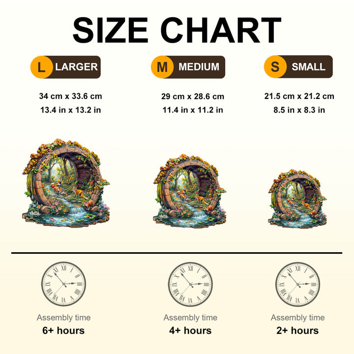 Size chart for wooden jigsaw puzzles showing dimensions and assembly time for large, medium, and small options.