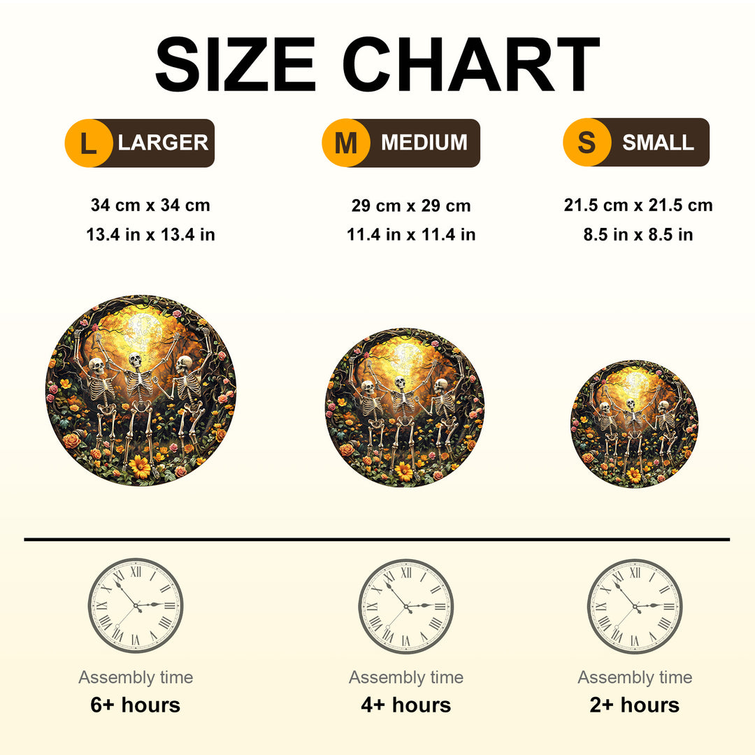 Size chart for Skeleton Moon Glee wooden jigsaw puzzle showing dimensions and assembly time for each puzzle size.