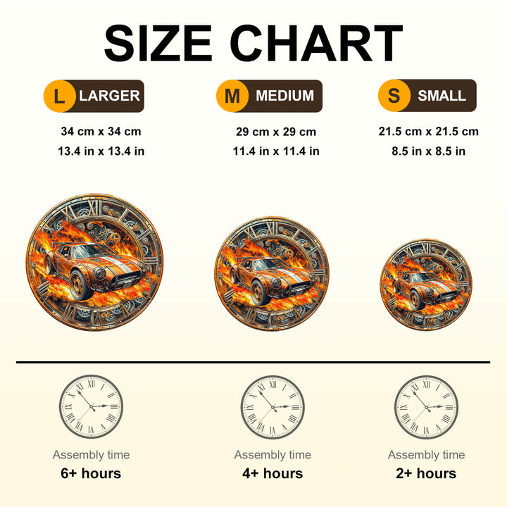 Size chart for Blazing Speed Wooden Jigsaw Puzzle showing dimensions and assembly time for large, medium, and small options.