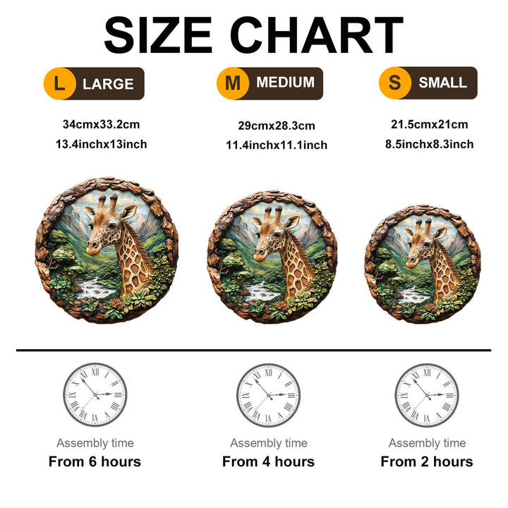 Size chart for 3D Giraffe Wooden Jigsaw Puzzle showing large, medium, and small sizes with assembly times.