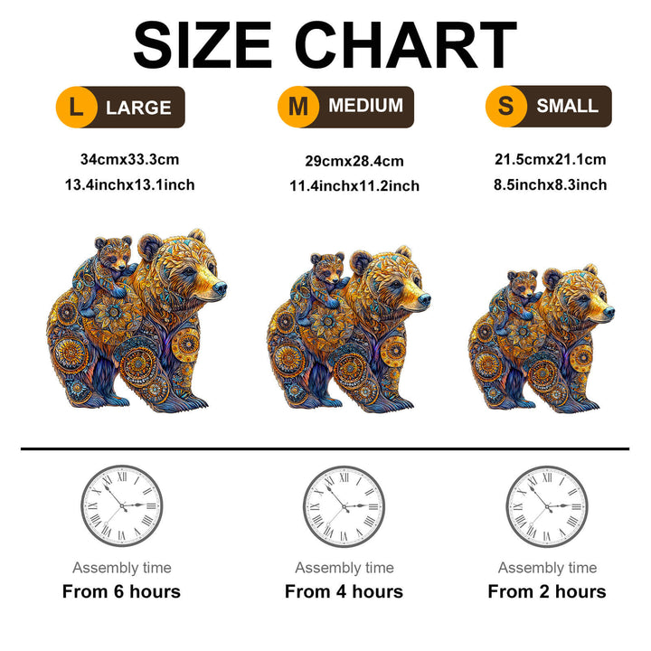 Size chart for Mother Bear wooden jigsaw puzzles showing large, medium, and small options with assembly times.