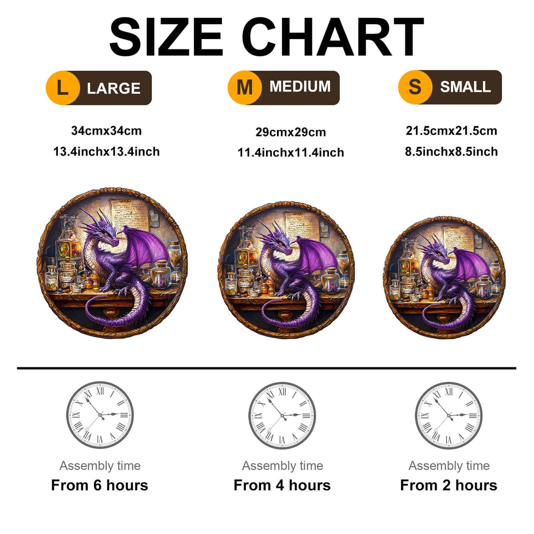 Size chart for Magic Dragon Wooden Jigsaw Puzzle showing dimensions and assembly times for large, medium, and small sizes.