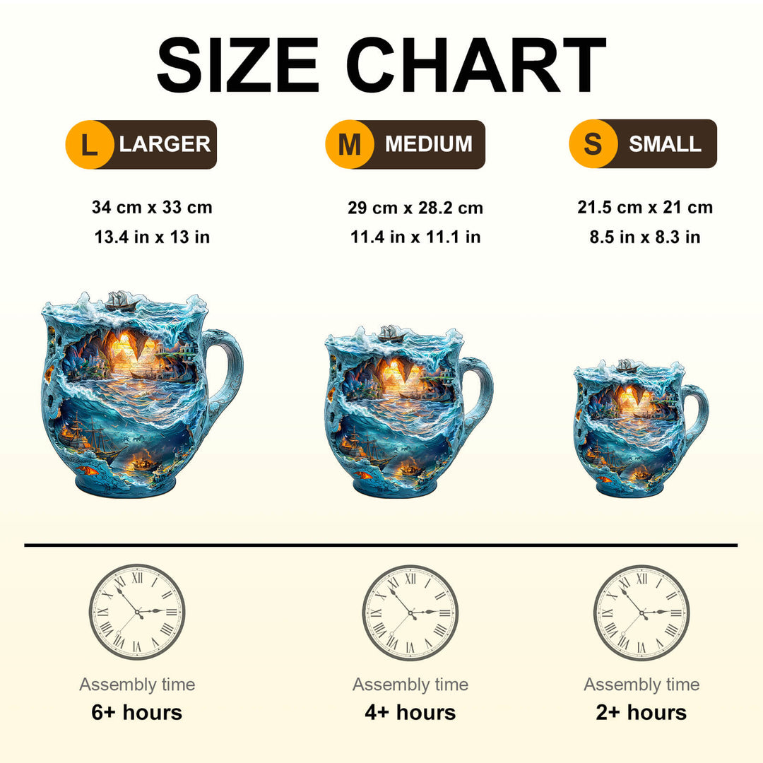 Size chart for Sea navigation mug jigsaw puzzle in large, medium, and small sizes with assembly times.