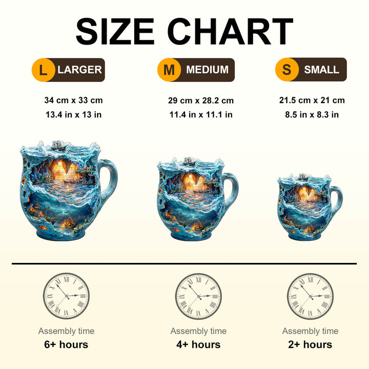 Size chart for Sea navigation mug jigsaw puzzle in large, medium, and small sizes with assembly times.