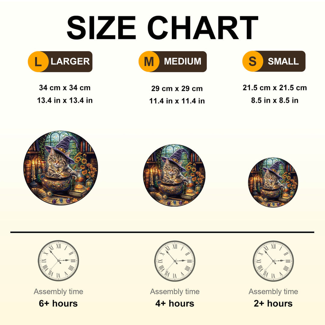 Size chart for Magic Feline wooden jigsaw puzzle showing dimensions and assembly time for three sizes.