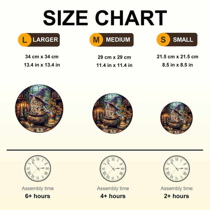 Size chart for Magic Feline wooden jigsaw puzzle showing dimensions and assembly time for three sizes.