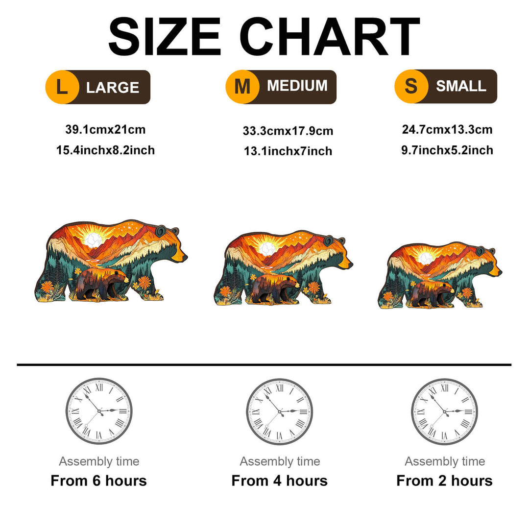 Size chart for Bears in the Forest wooden jigsaw puzzle showing dimensions and assembly time for large, medium, and small sizes.